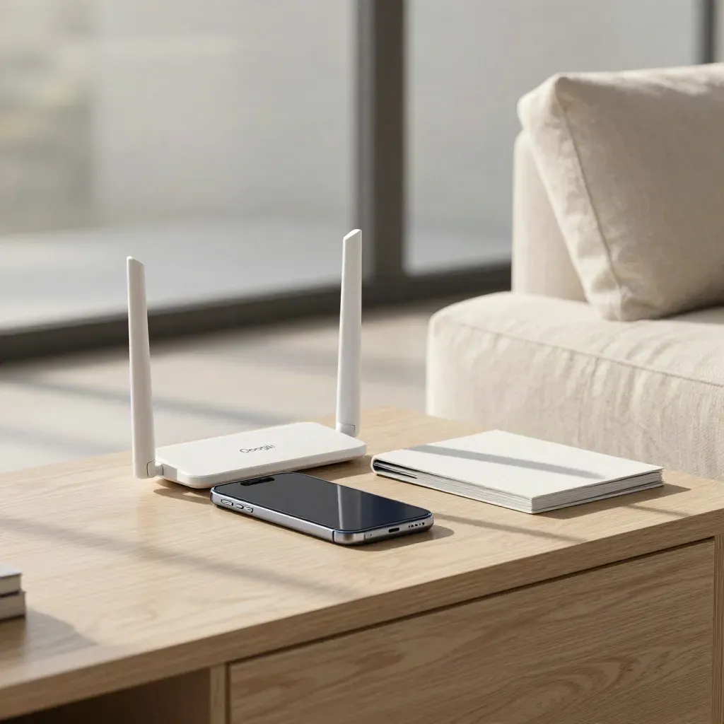 Google Search launch console with phone and puck on a linen cushion, sunlit and cinematic