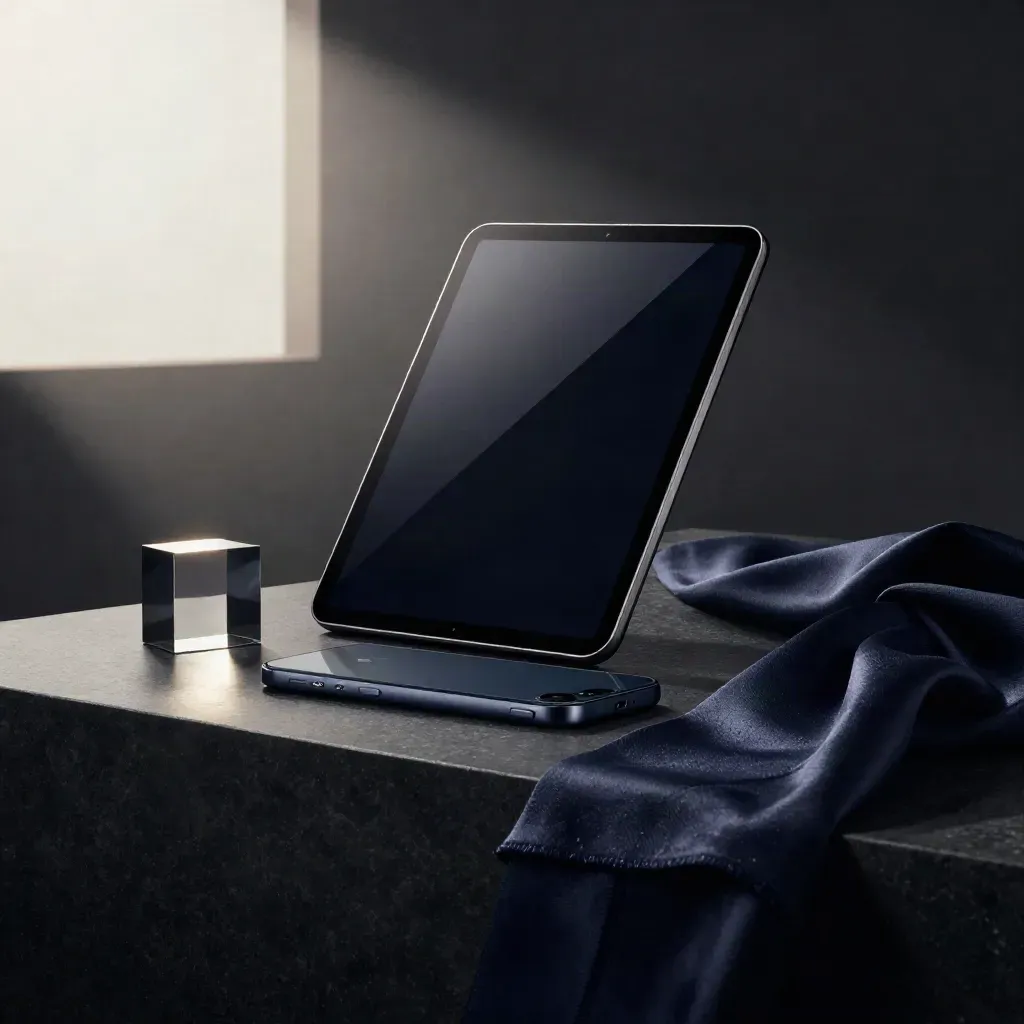 Dark ad-tech kit with tablet, phone, cube and folded fabric on a black studio surface.
