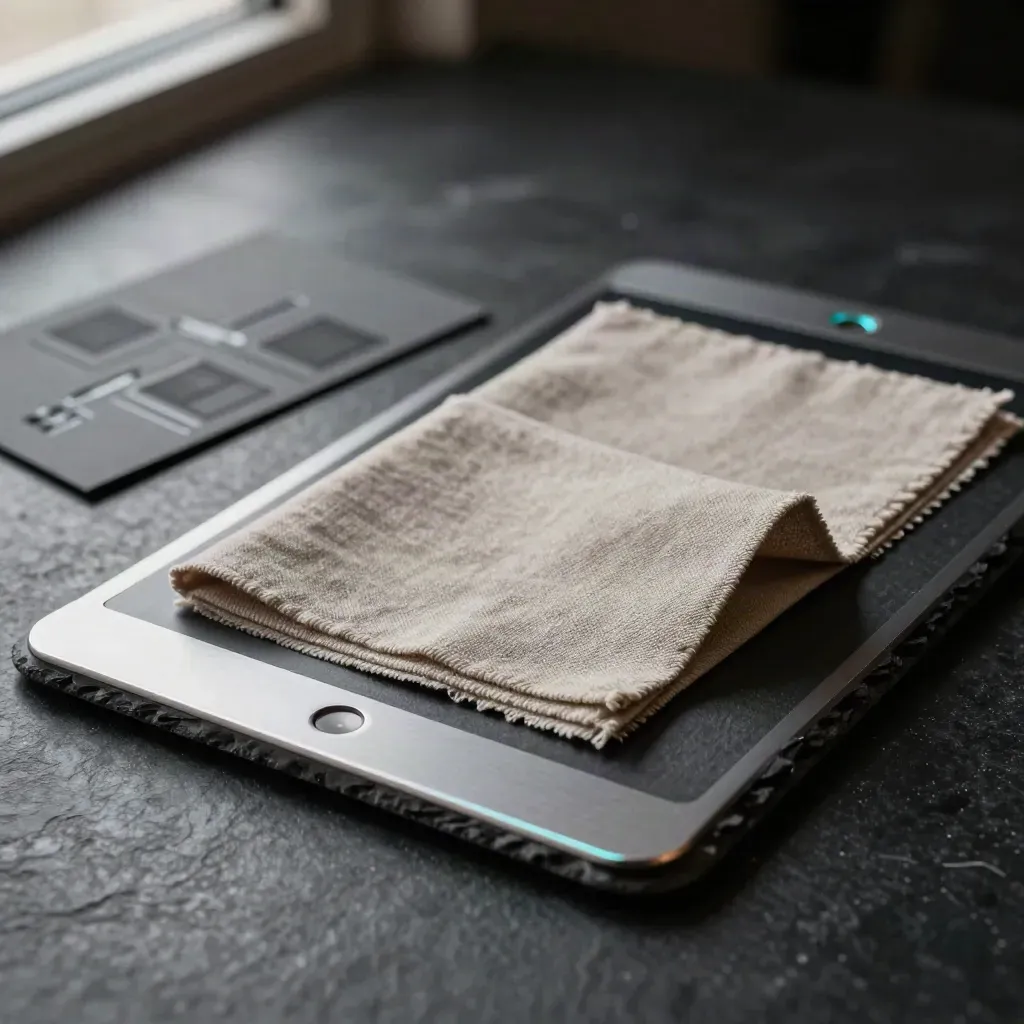 Slate tablet, metal strip and folded swatch on dark stone with cool rim light.