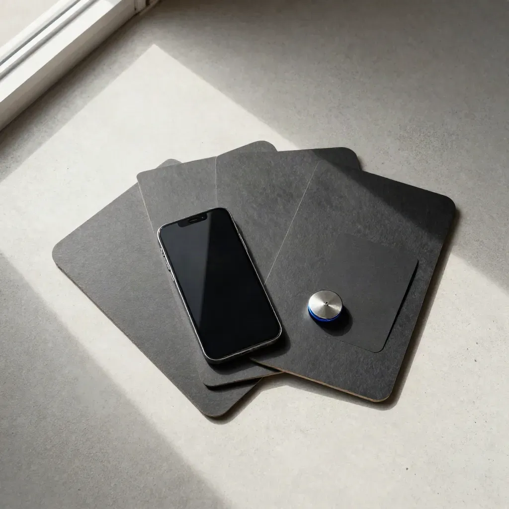 Overhead flatlay of three ad creative boards, a dark phone and a tracking puck on concrete.