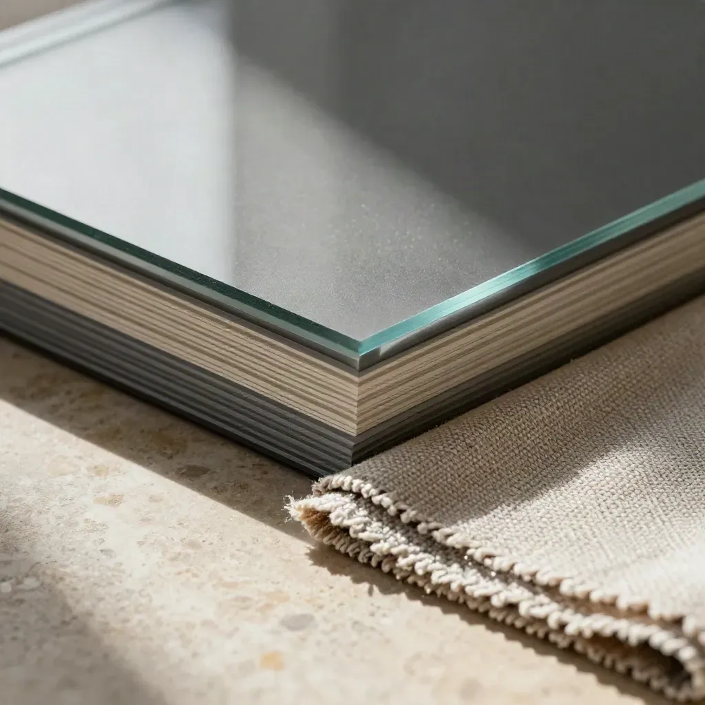Macro of stacked screens, sample block and textile fold in raking light.